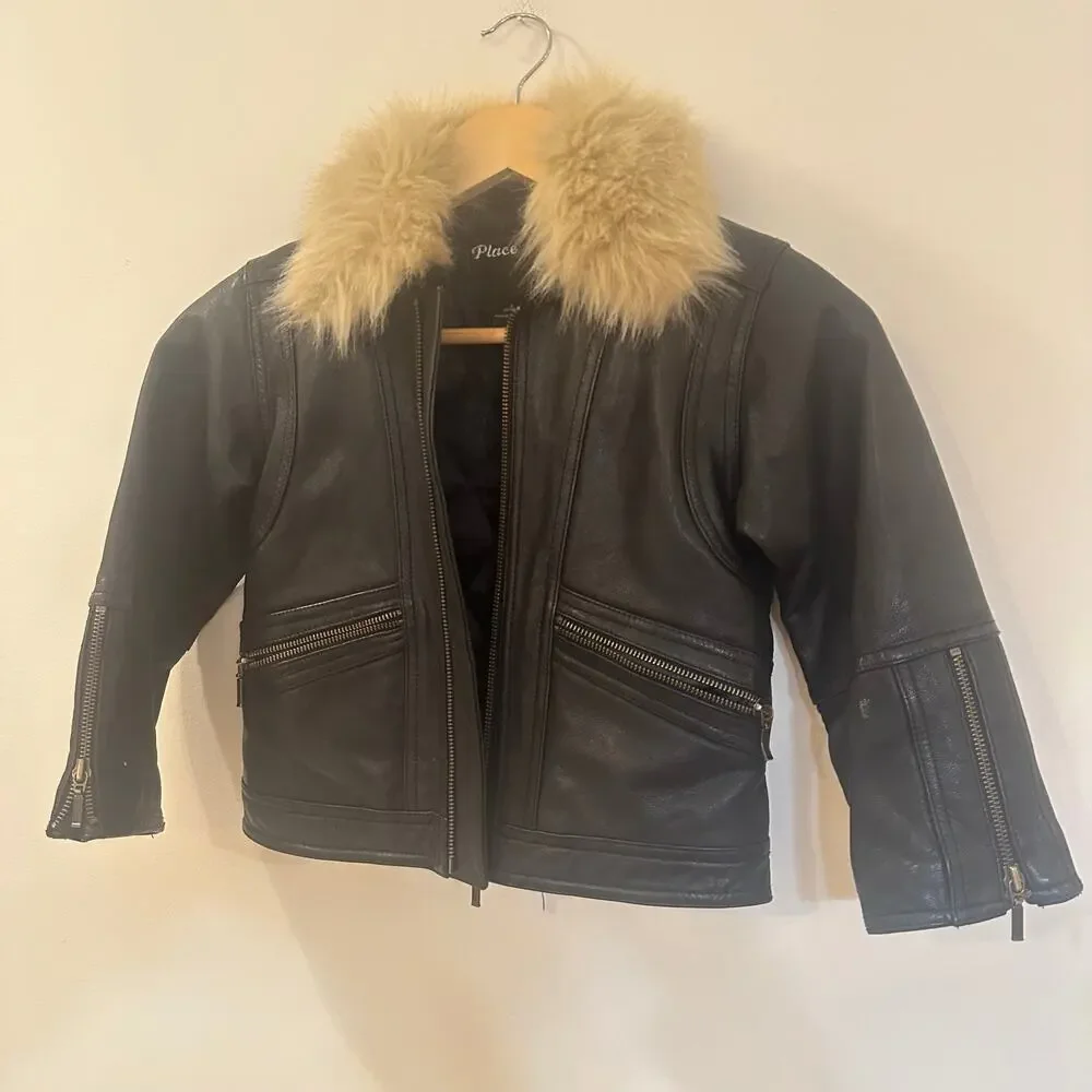 Black Leather Bomber Jacket sz S (5/6) Faux Fur Removable collar 100% leather